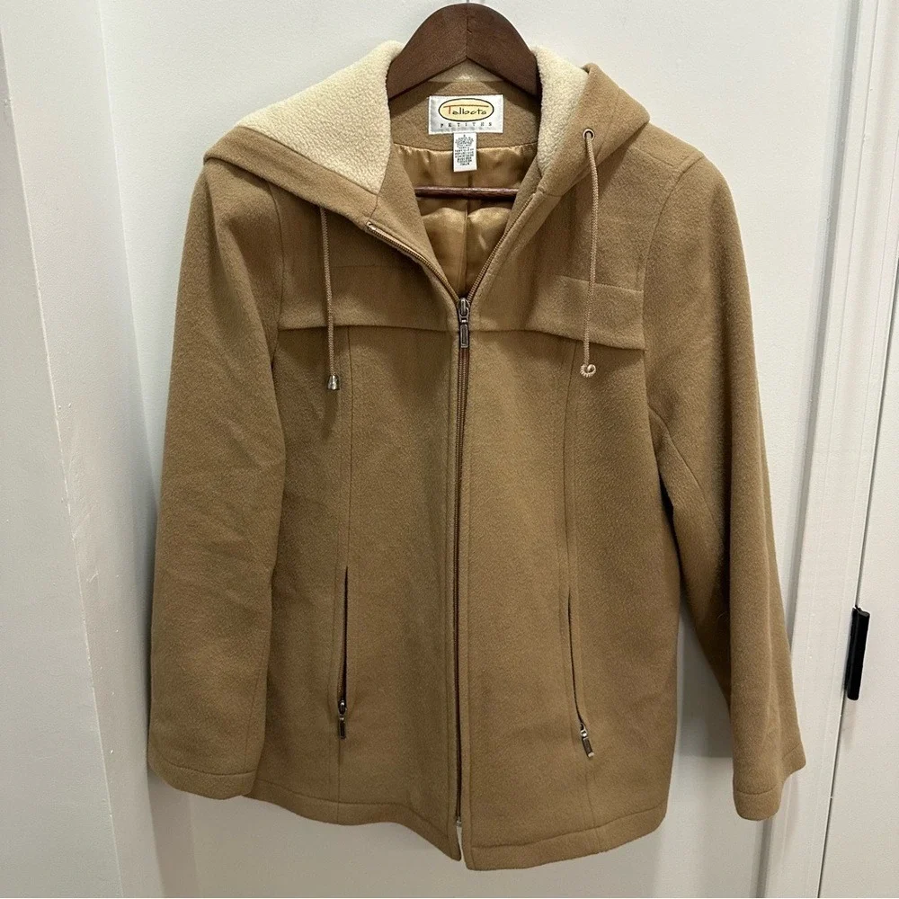 Talbots Women's Small Petites Camel Wool Blend Hooded Zip Up Jacket Coat - Picture 1 of 12